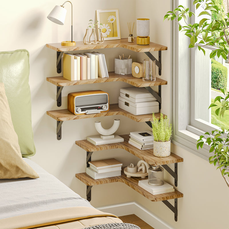 SUPERLELE 5-Pieces Floating Shelves for Wall, Rustic Wood Wall Mounted Corner Shelf Carbonized Black