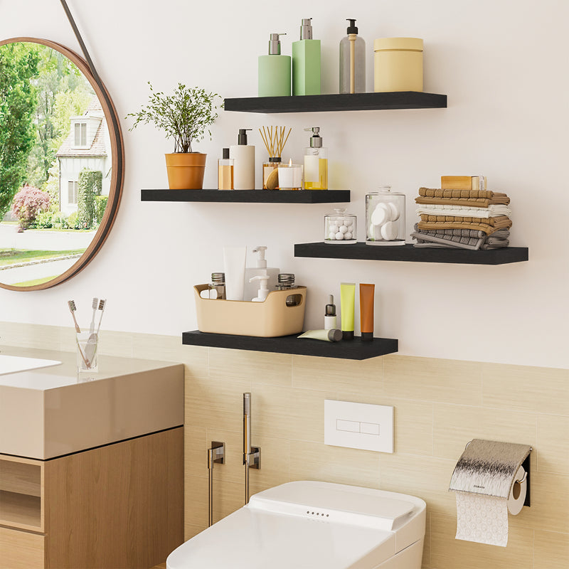 SUPERLELE 4-Pieces Floating Shelves for Wall, Wall Mounted Rustic Wood Shelves Black