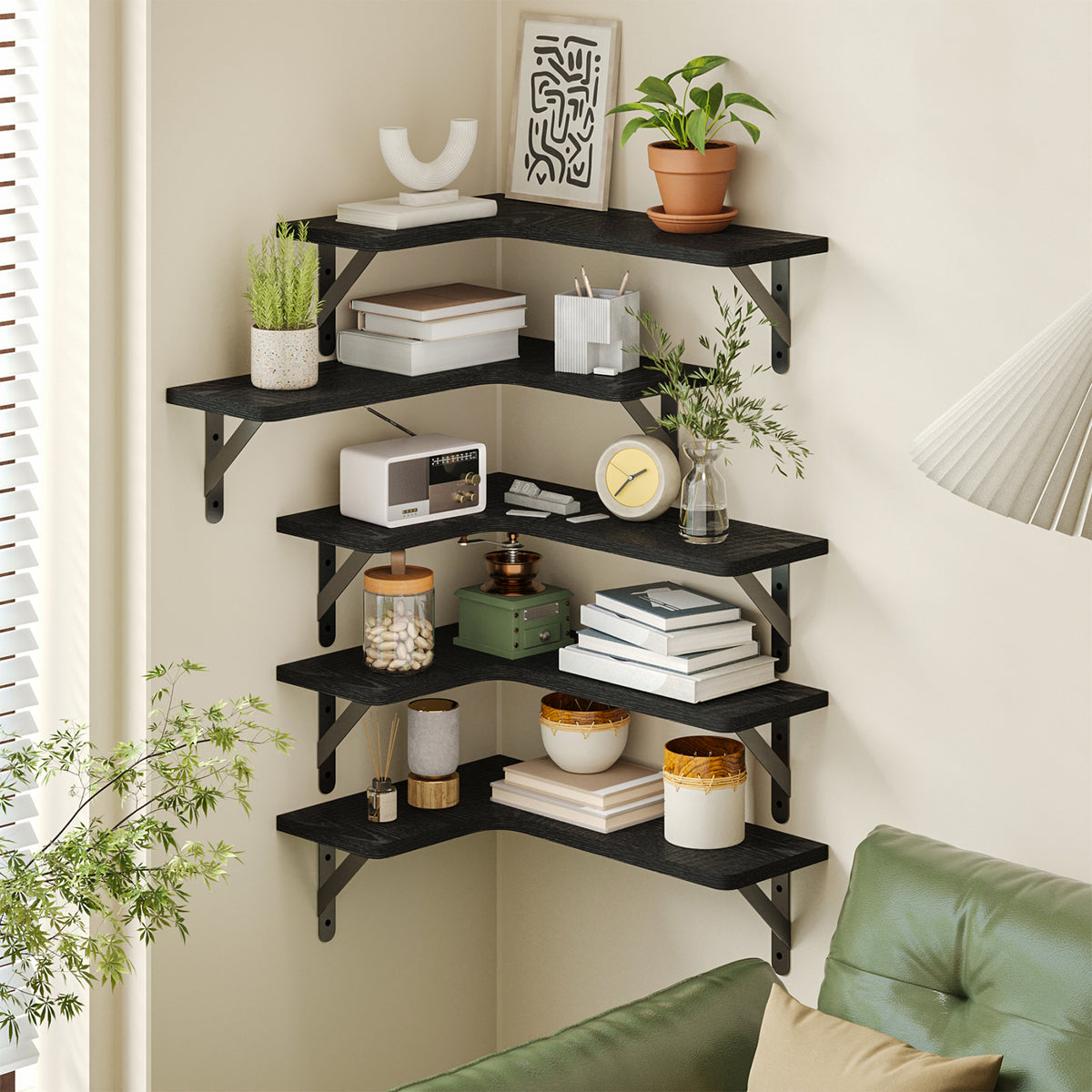 SUPERLELE 5-Pieces Floating Shelves for Wall, Rustic Wood Wall Mounted Corner Shelf Black