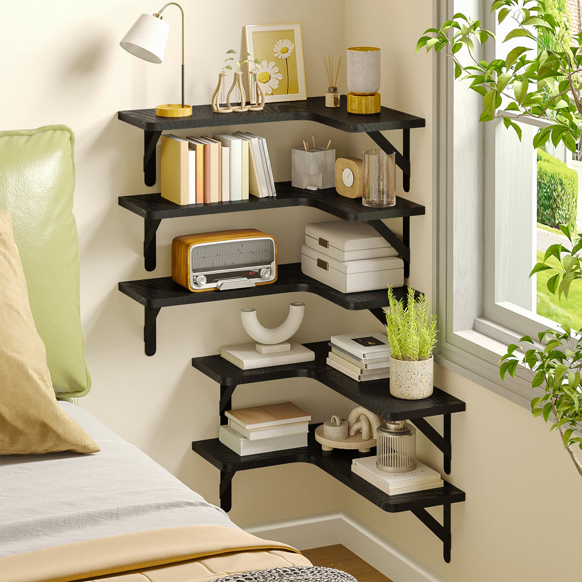 SUPERLELE 5-Pieces Floating Shelves for Wall, Rustic Wood Wall Mounted Corner Shelf Black