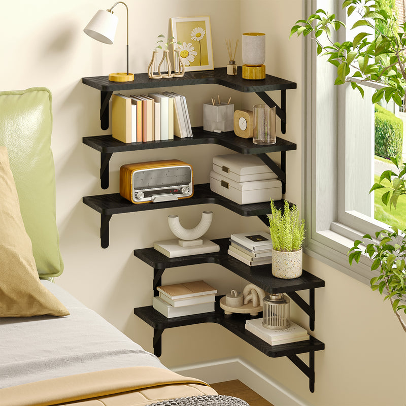 SUPERLELE 5-Pieces Floating Shelves for Wall, Rustic Wood Wall Mounted Corner Shelf Black