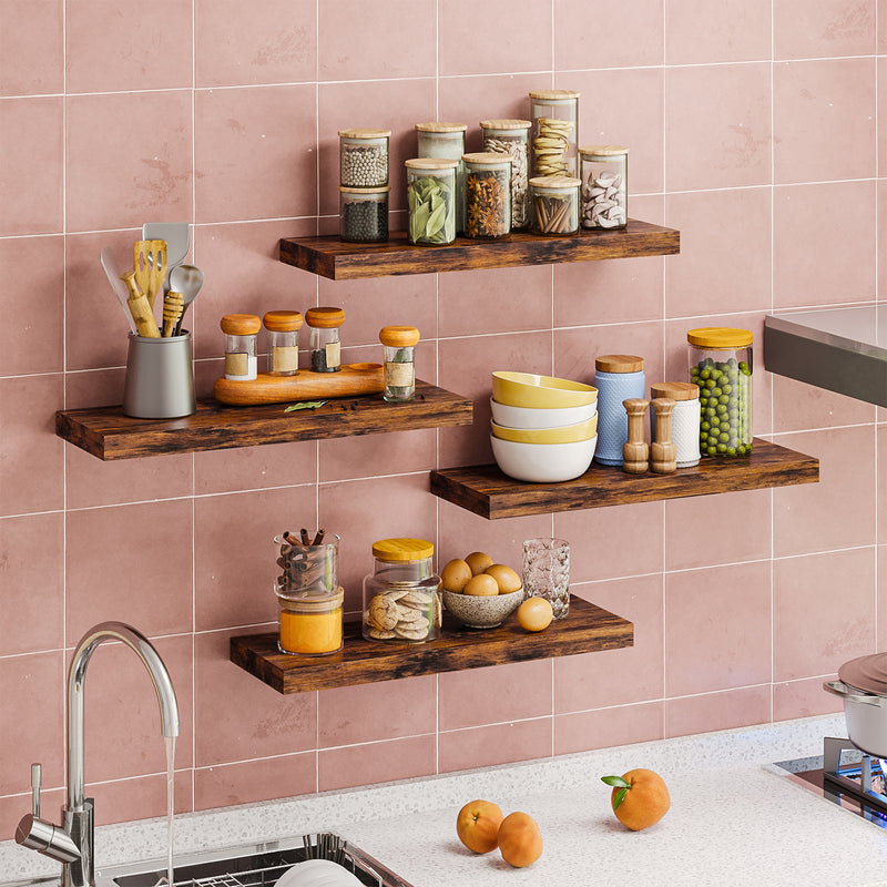 SUPERLELE 4-Pieces Floating Shelves for Wall, Wall Mounted Rustic Wood Shelves Rustic Brown