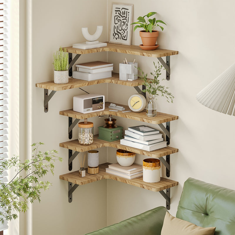 SUPERLELE 5-Pieces Floating Shelves for Wall, Rustic Wood Wall Mounted Corner Shelf Carbonized Black