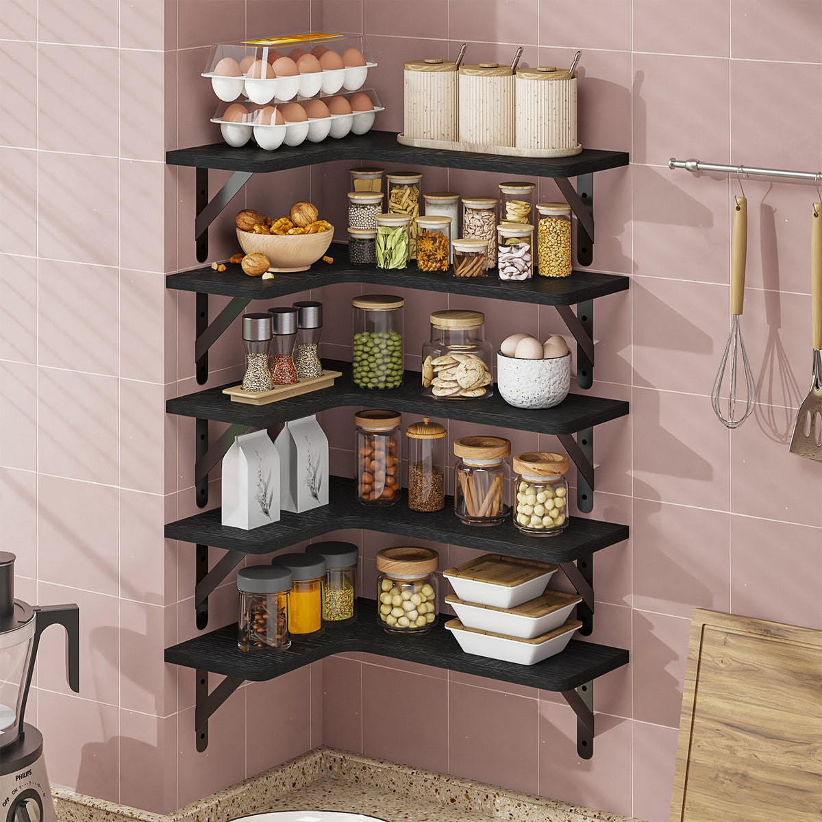 SUPERLELE 5-Pieces Floating Shelves for Wall, Rustic Wood Wall Mounted Corner Shelf Black