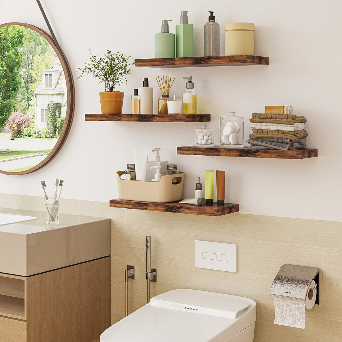 SUPERLELE 4-Pieces Floating Shelves for Wall, Wall Mounted Rustic Wood Shelves Rustic Brown