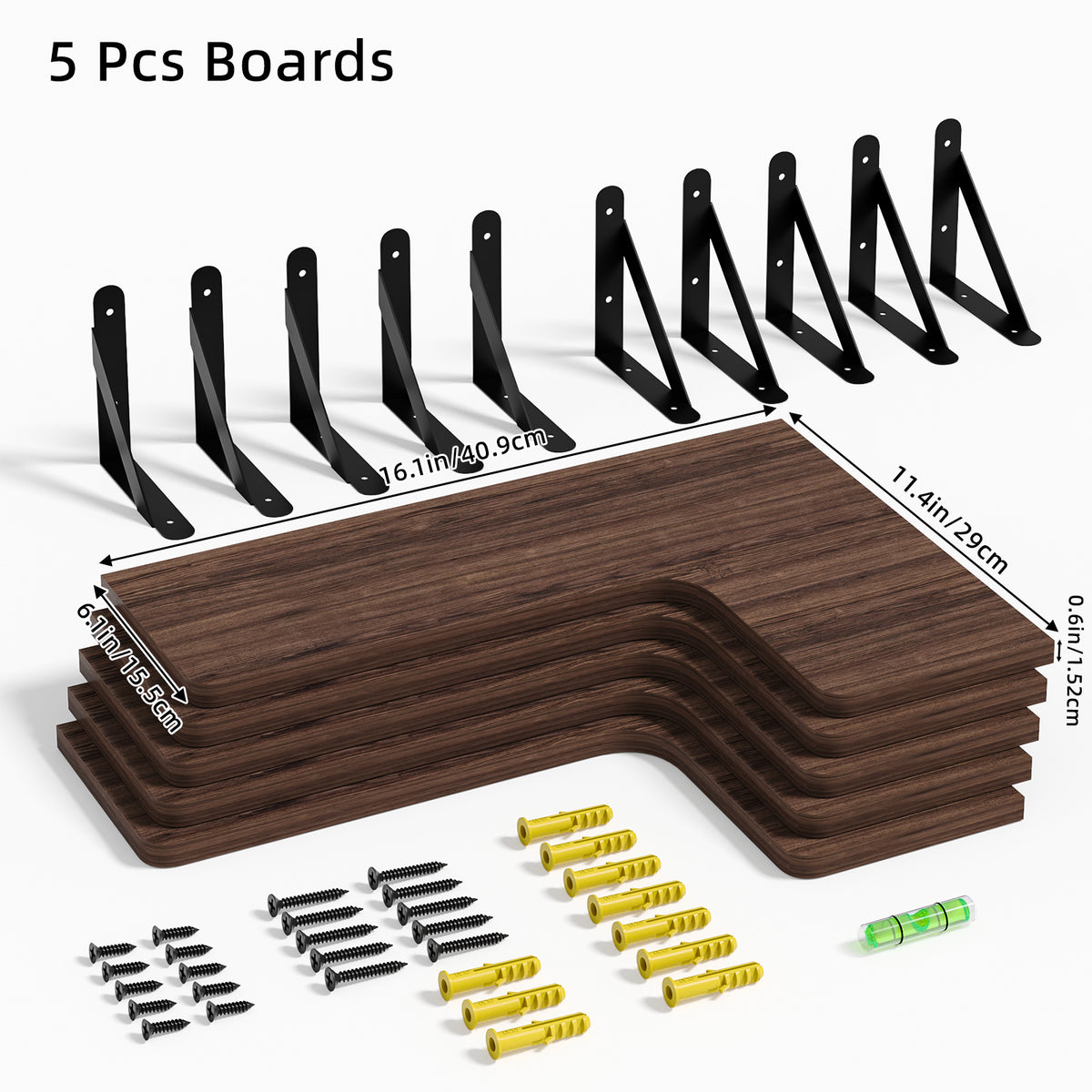 SUPERLELE 5-Pieces Floating Shelves for Wall, Rustic Wood Wall Mounted Corner Shelf Dark Carbonized Black