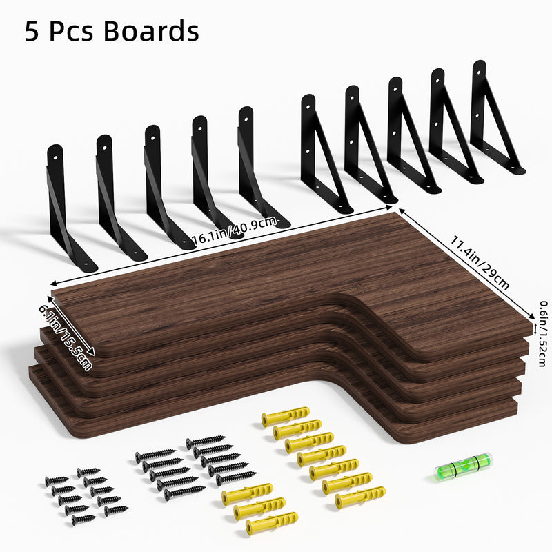 SUPERLELE 5-Pieces Floating Shelves for Wall, Rustic Wood Wall Mounted Corner Shelf Dark Carbonized Black
