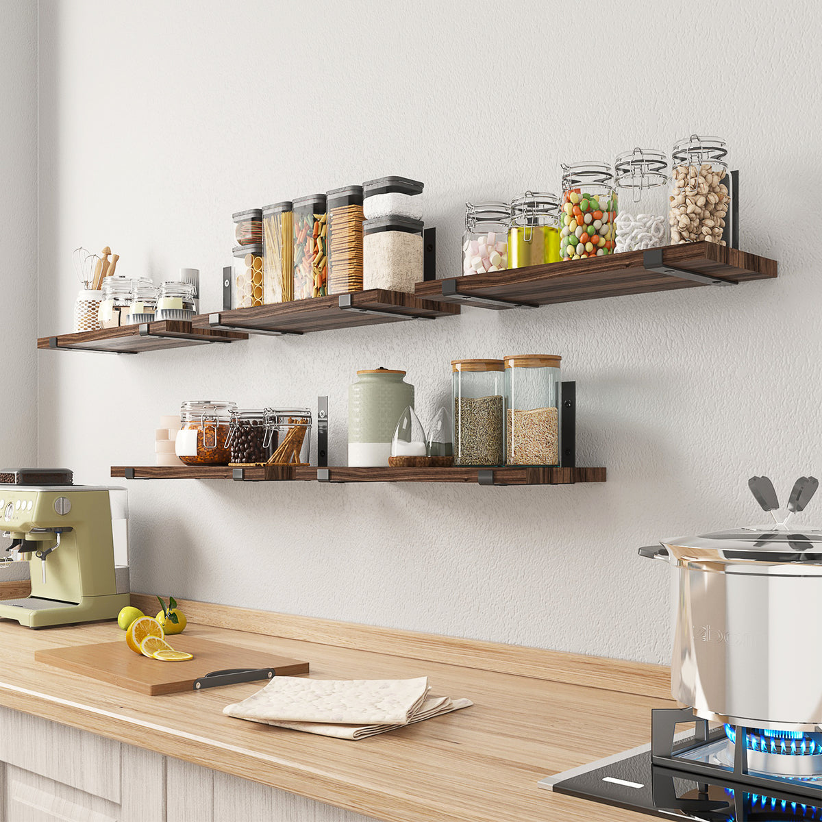 SUPERLELE Floating Shelves Set of 5, Width 4.7 Inches, Rustic Wood Wall Storage Shelves