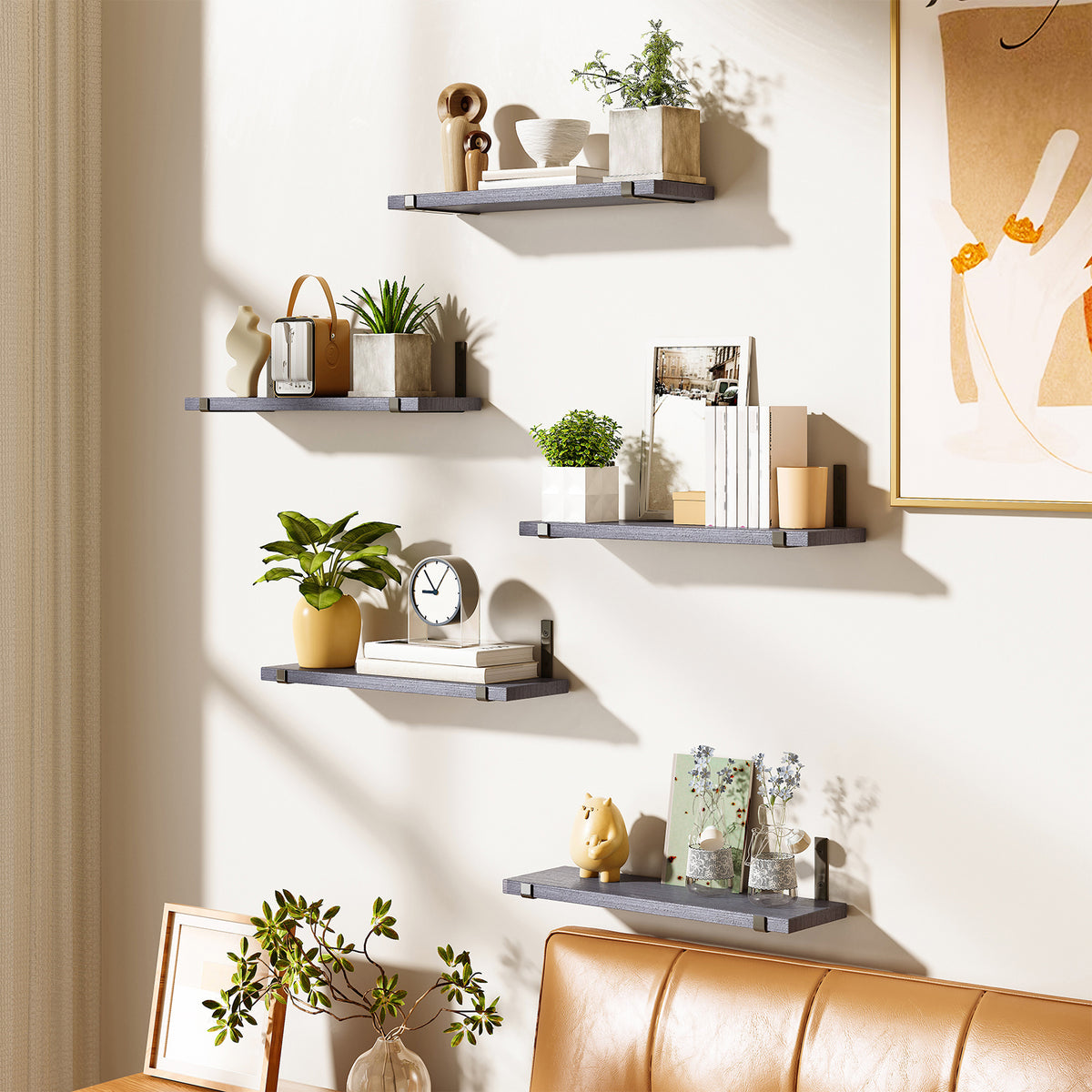 SUPERLELE Floating Shelves Set of 5, Width 4.7 Inches, Rustic Wood Wall Storage Shelves