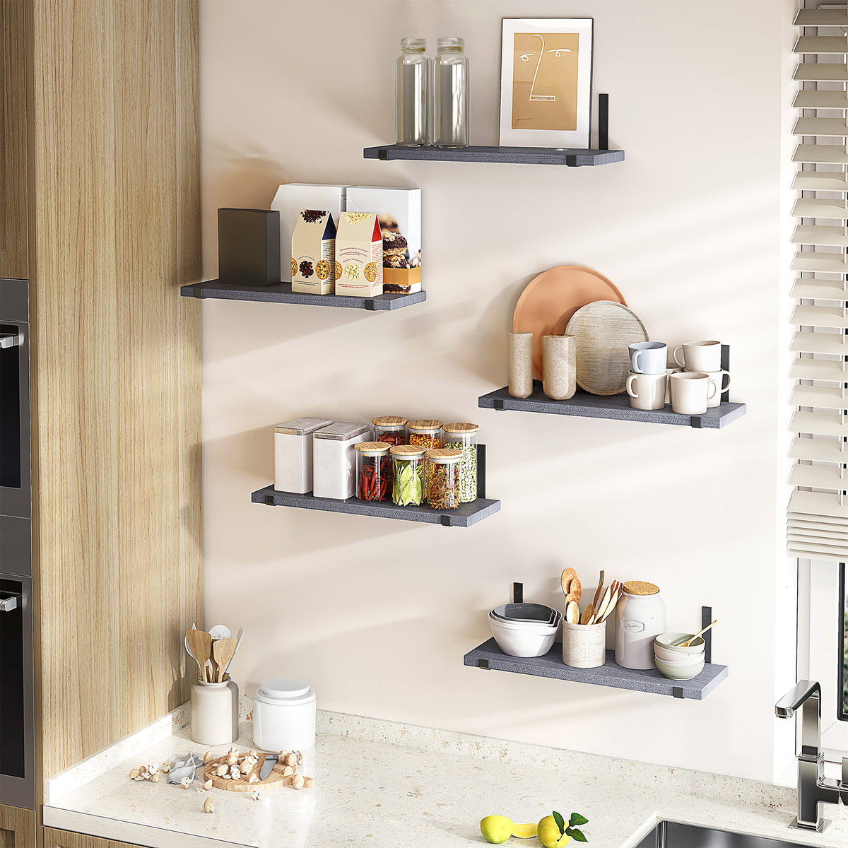 SUPERLELE Floating Shelves Set of 5, Width 4.7 Inches, Rustic Wood Wall Storage Shelves