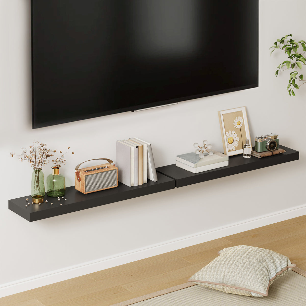 SUPERLELE 2 Pcs 22.5 inch Rustic Wood Wall Mounted Shelves Black