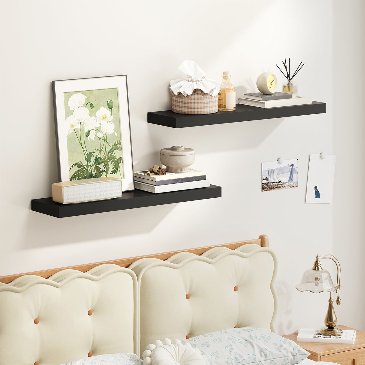 SUPERLELE 2 Pcs 22.5 inch Rustic Wood Wall Mounted Shelves Black