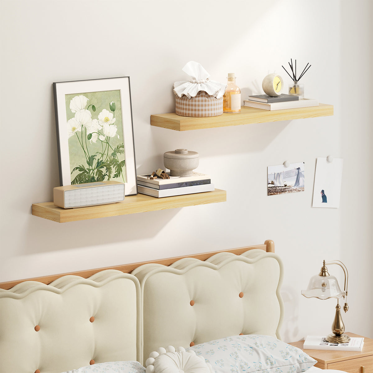 SUPERLELE 2 Pcs 22.5 inch Rustic Wood Wall Mounted Shelves Light Oak