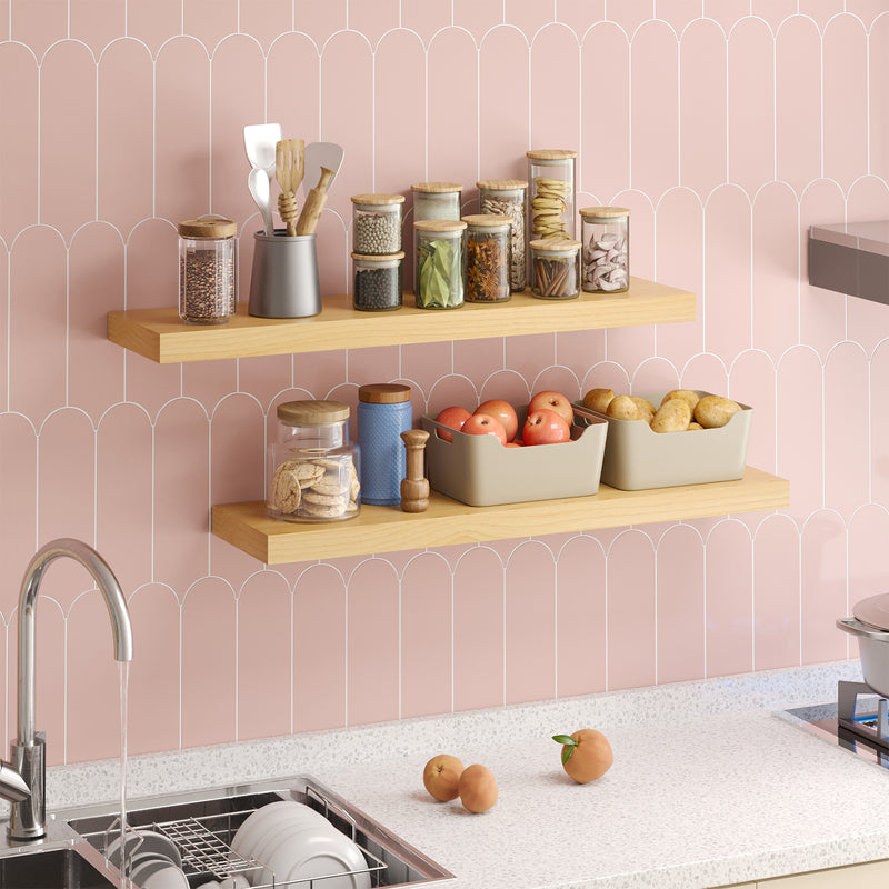 SUPERLELE 2 Pcs 22.5 inch Rustic Wood Wall Mounted Shelves Light Oak