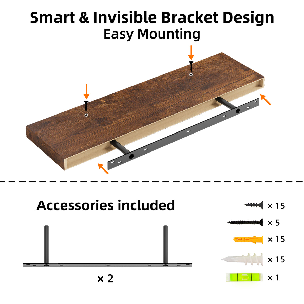 SUPERLELE 2 Pcs 22.5 inch Rustic Wood Wall Mounted Shelves Rustic Brown
