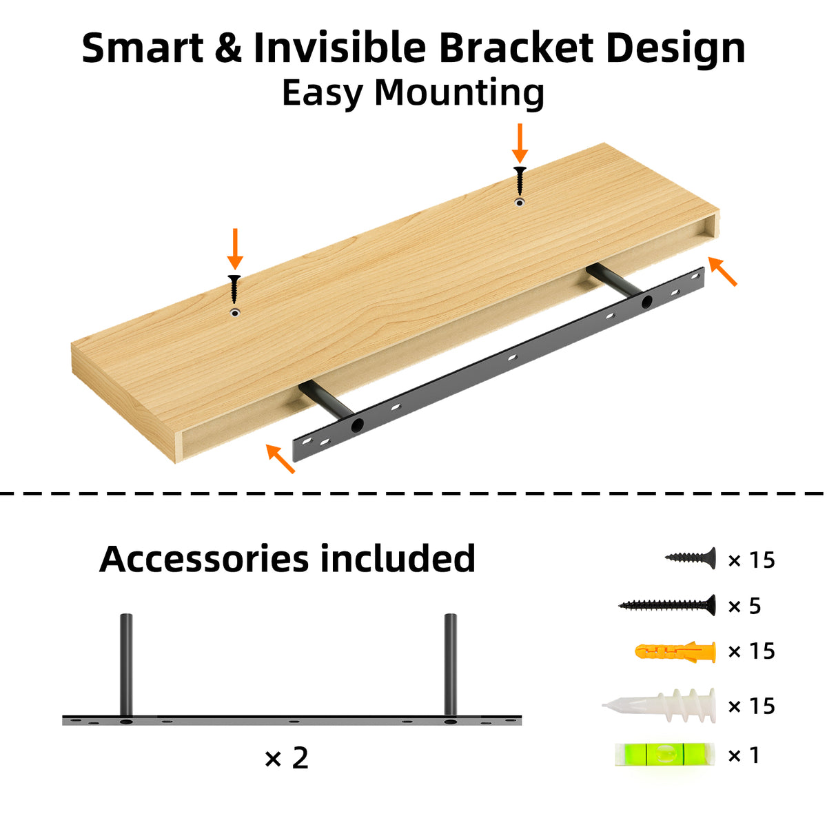 SUPERLELE 2 Pcs 22.5 inch Rustic Wood Wall Mounted Shelves Light Oak