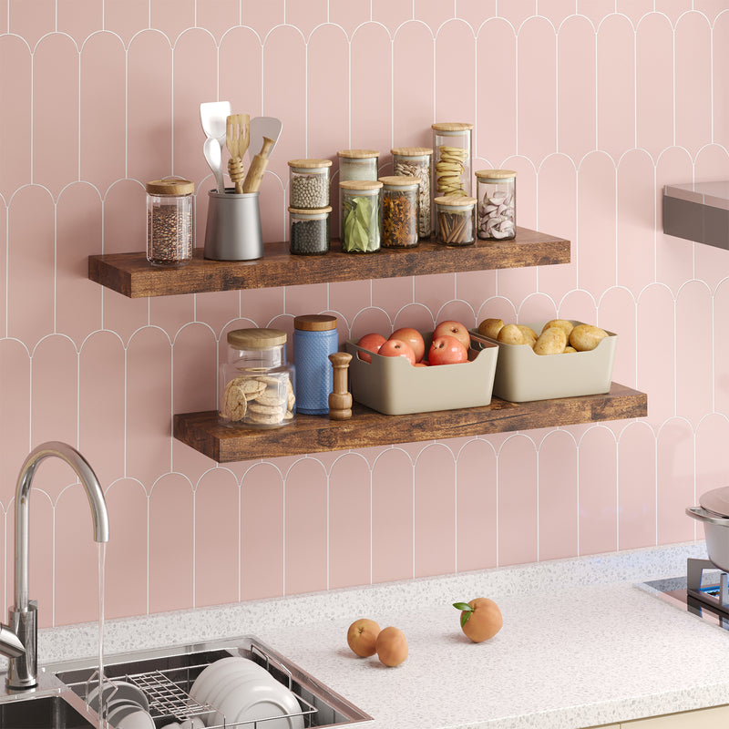 SUPERLELE 2 Pcs 22.5 inch Rustic Wood Wall Mounted Shelves Rustic Brown