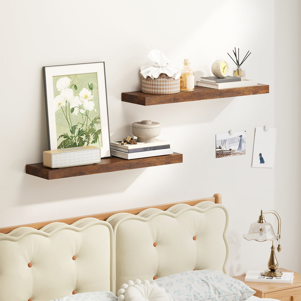 SUPERLELE 2 Pcs 22.5 inch Rustic Wood Wall Mounted Shelves Rustic Brown