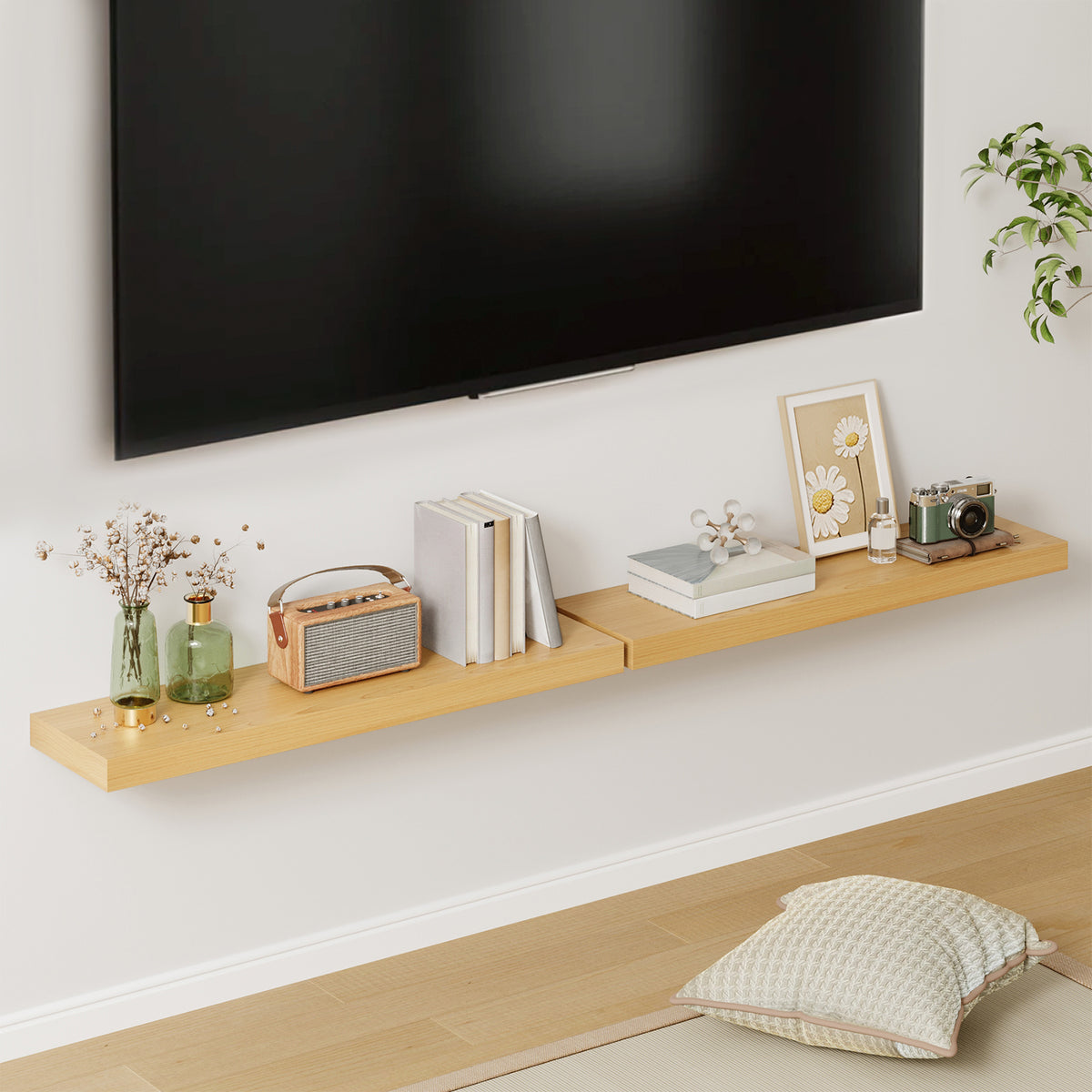 SUPERLELE 2 Pcs 22.5 inch Rustic Wood Wall Mounted Shelves Light Oak