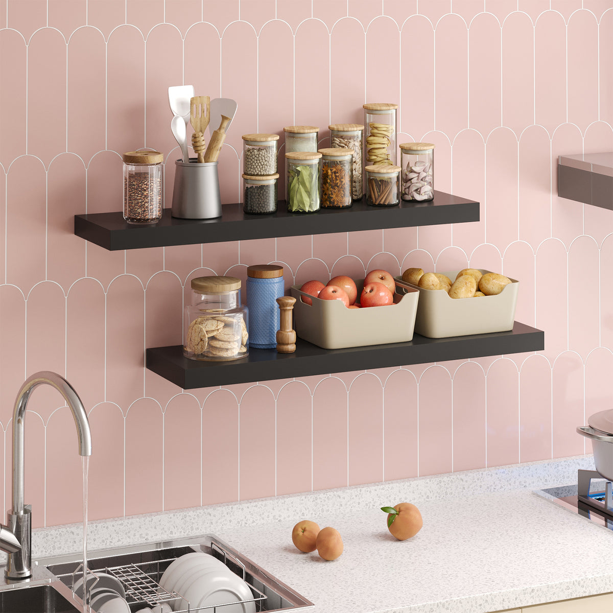 SUPERLELE 2 Pcs 22.5 inch Rustic Wood Wall Mounted Shelves Black