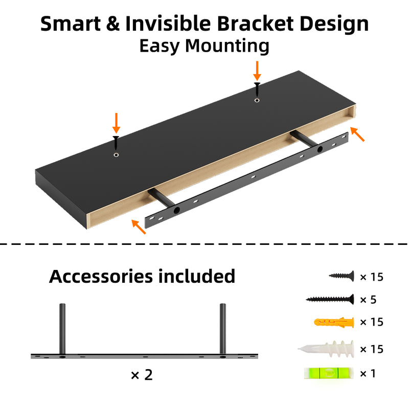 SUPERLELE 2 Pcs 22.5 inch Rustic Wood Wall Mounted Shelves Black