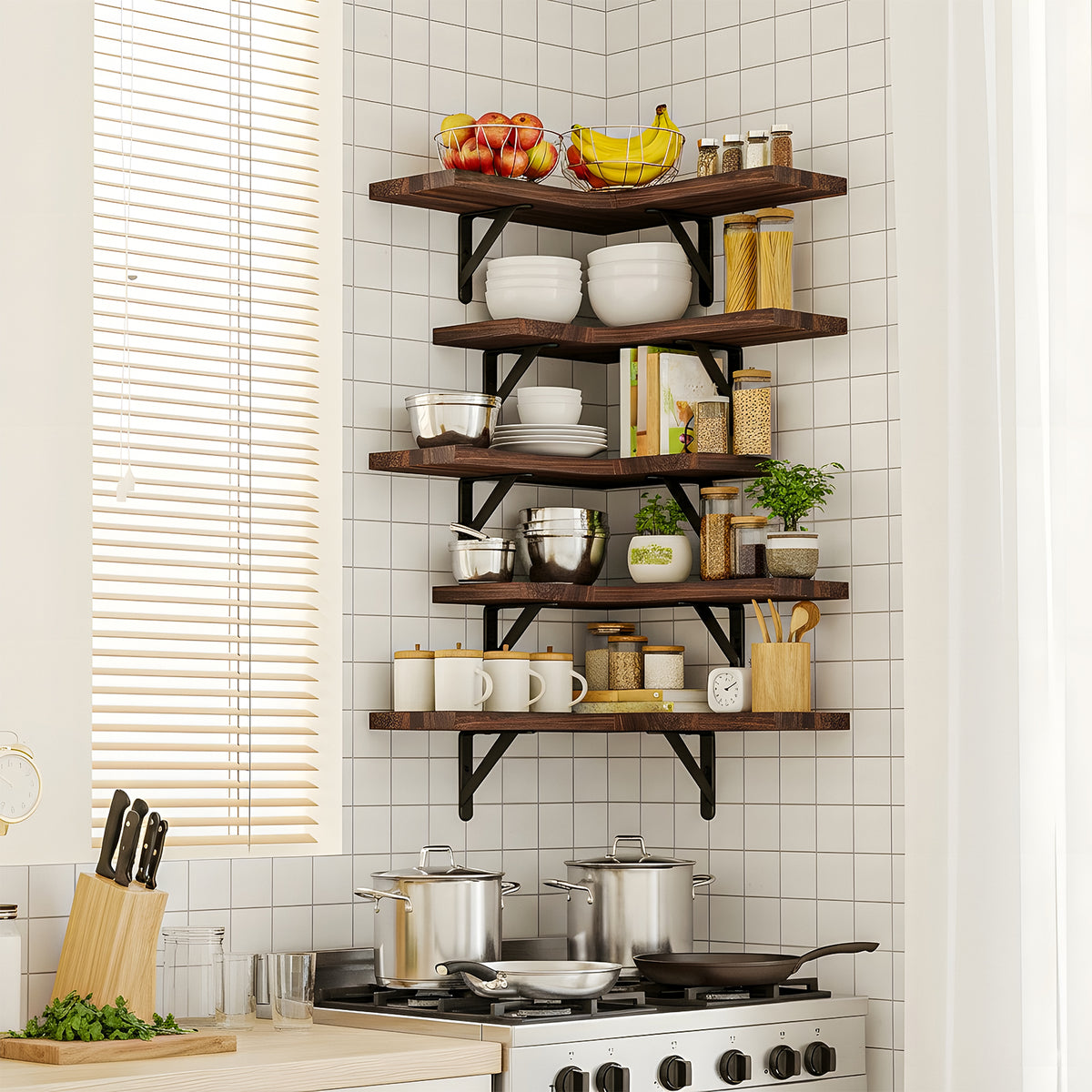 SUPERLELE 5-Pieces Floating Shelves for Wall, Rustic Wood Wall Mounted Corner Shelf Walnut Brown