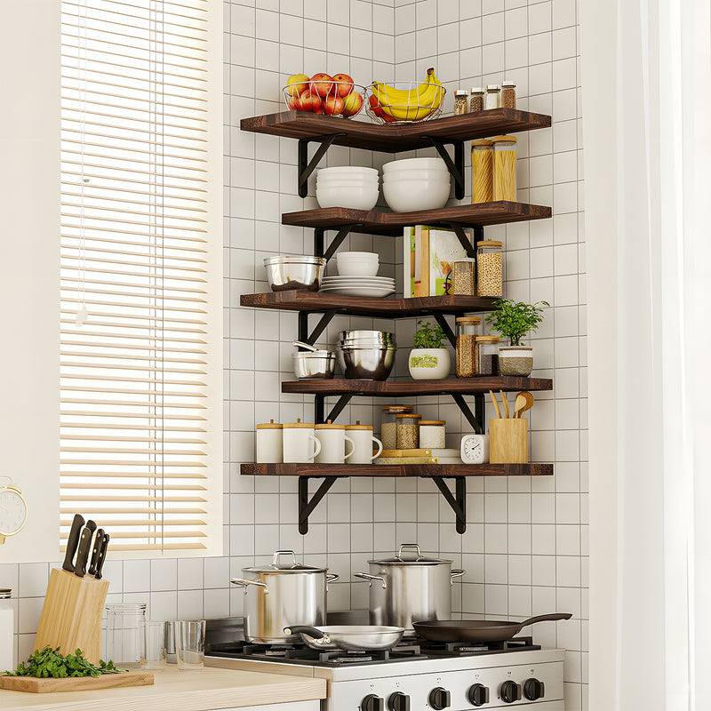 SUPERLELE 5-Pieces Floating Shelves for Wall, Rustic Wood Wall Mounted Corner Shelf Walnut Brown