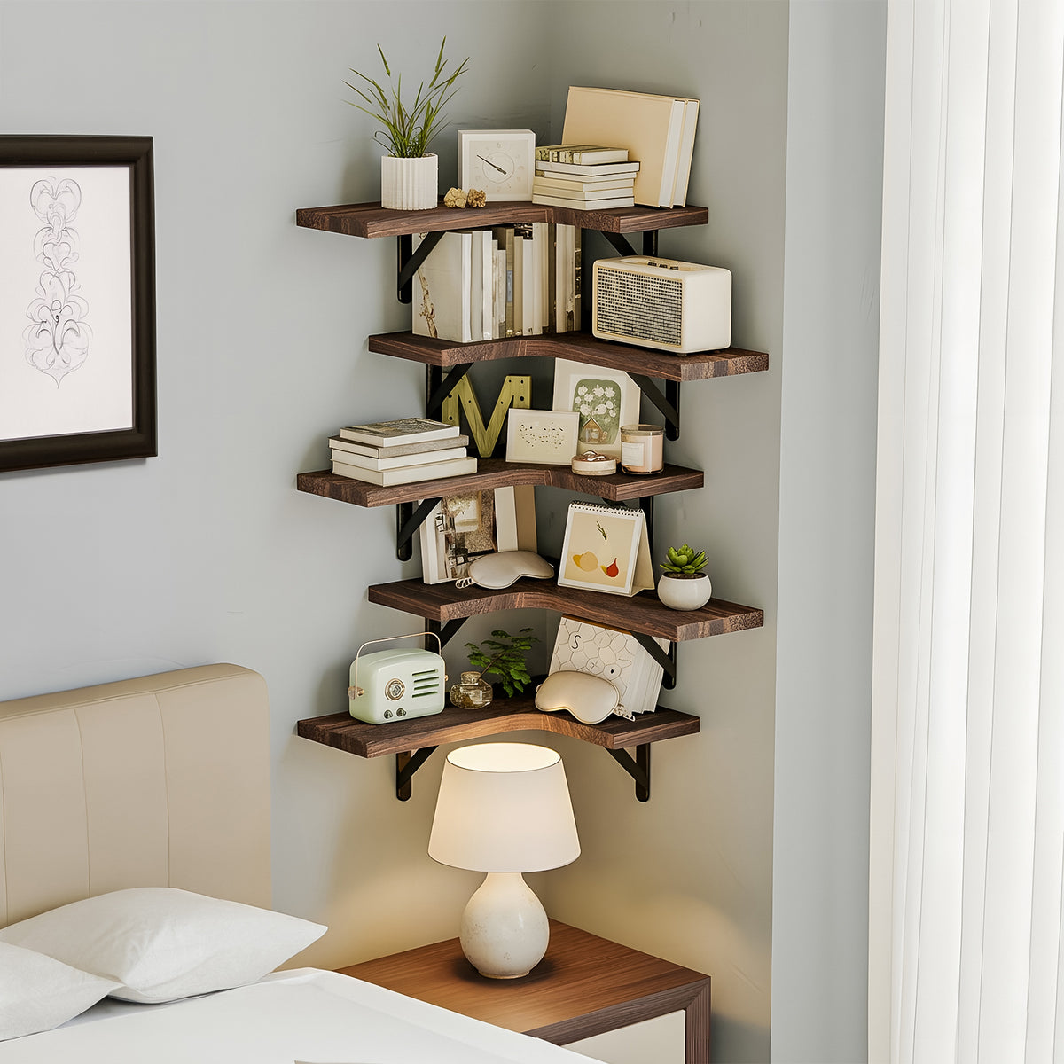 SUPERLELE 5-Pieces Floating Shelves for Wall, Rustic Wood Wall Mounted Corner Shelf Walnut Brown