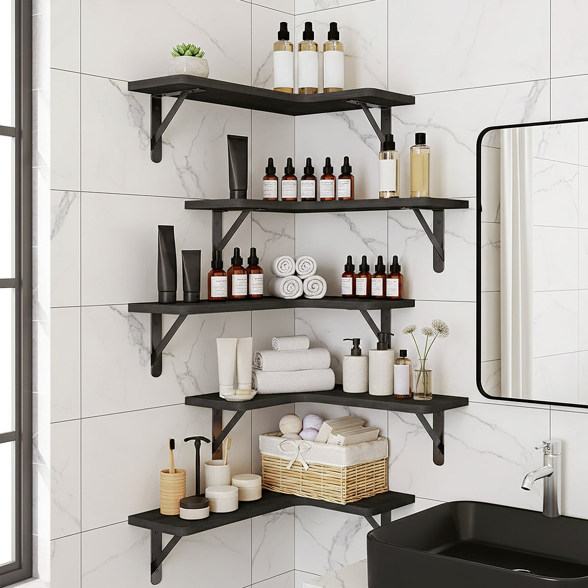 SUPERLELE 5-Pieces Floating Shelves for Wall, Rustic Wood Wall Mounted Corner Shelf Black