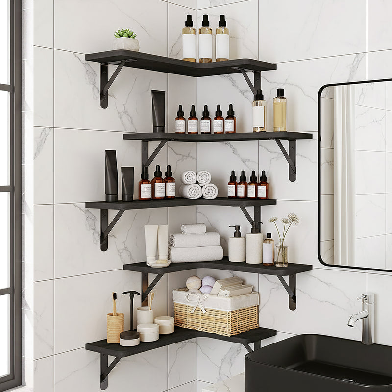 SUPERLELE 5-Pieces Floating Shelves for Wall, Rustic Wood Wall Mounted Corner Shelf Black