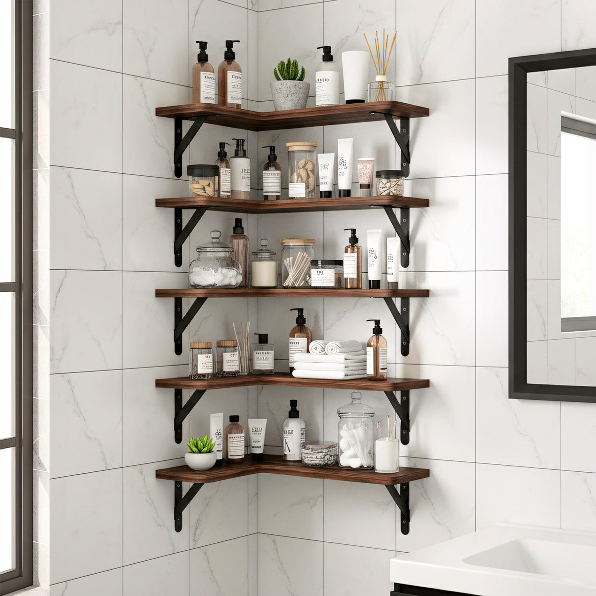 SUPERLELE 5-Pieces Floating Shelves for Wall, Rustic Wood Wall Mounted Corner Shelf Dark Carbonized Black