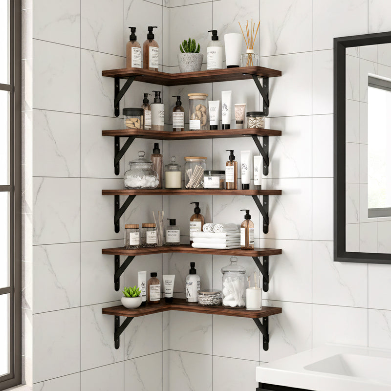 SUPERLELE 5-Pieces Floating Shelves for Wall, Rustic Wood Wall Mounted Corner Shelf Dark Carbonized Black