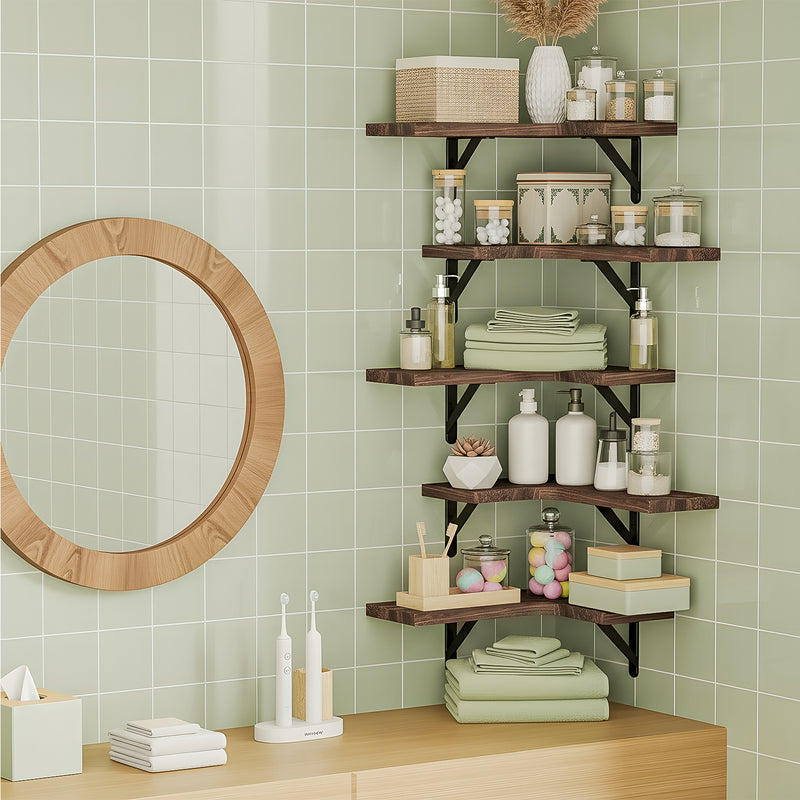 SUPERLELE 5-Pieces Floating Shelves for Wall, Rustic Wood Wall Mounted Corner Shelf Walnut Brown