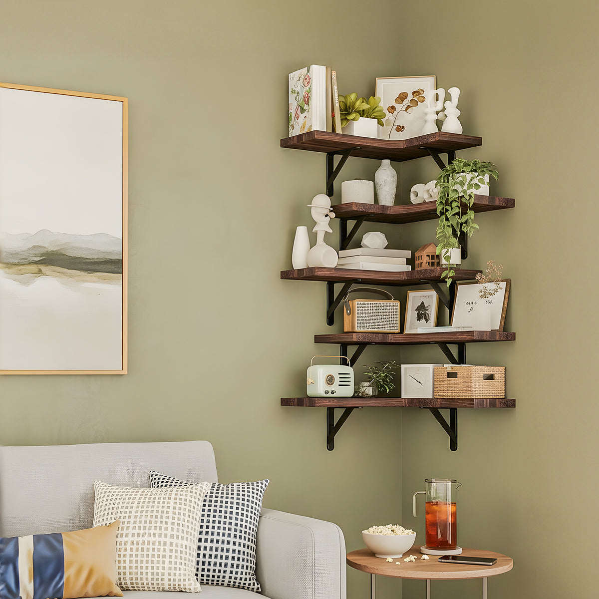 SUPERLELE 5-Pieces Floating Shelves for Wall, Rustic Wood Wall Mounted Corner Shelf Walnut Brown