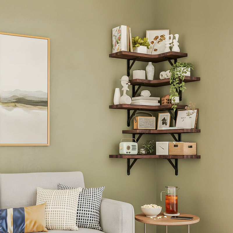 SUPERLELE 5-Pieces Floating Shelves for Wall, Rustic Wood Wall Mounted Corner Shelf Walnut Brown
