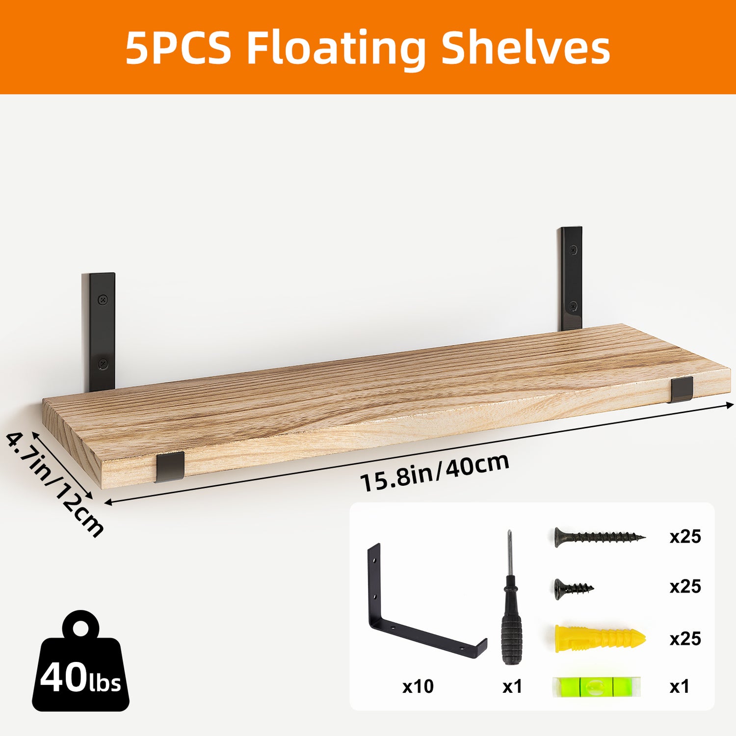 SUPERLELE Floating Shelves Set of 5, Width 4.7 Inches, Rustic Wood Wall Storage Shelves