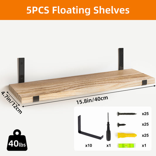 SUPERLELE Floating Shelves Set of 5, Width 4.7 Inches, Rustic Wood Wall Storage Shelves