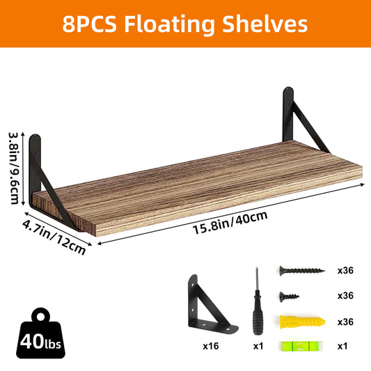 SUPERLELE 8-Pieces 4.7" Width Rustic Wood Narrow Floating Shelves