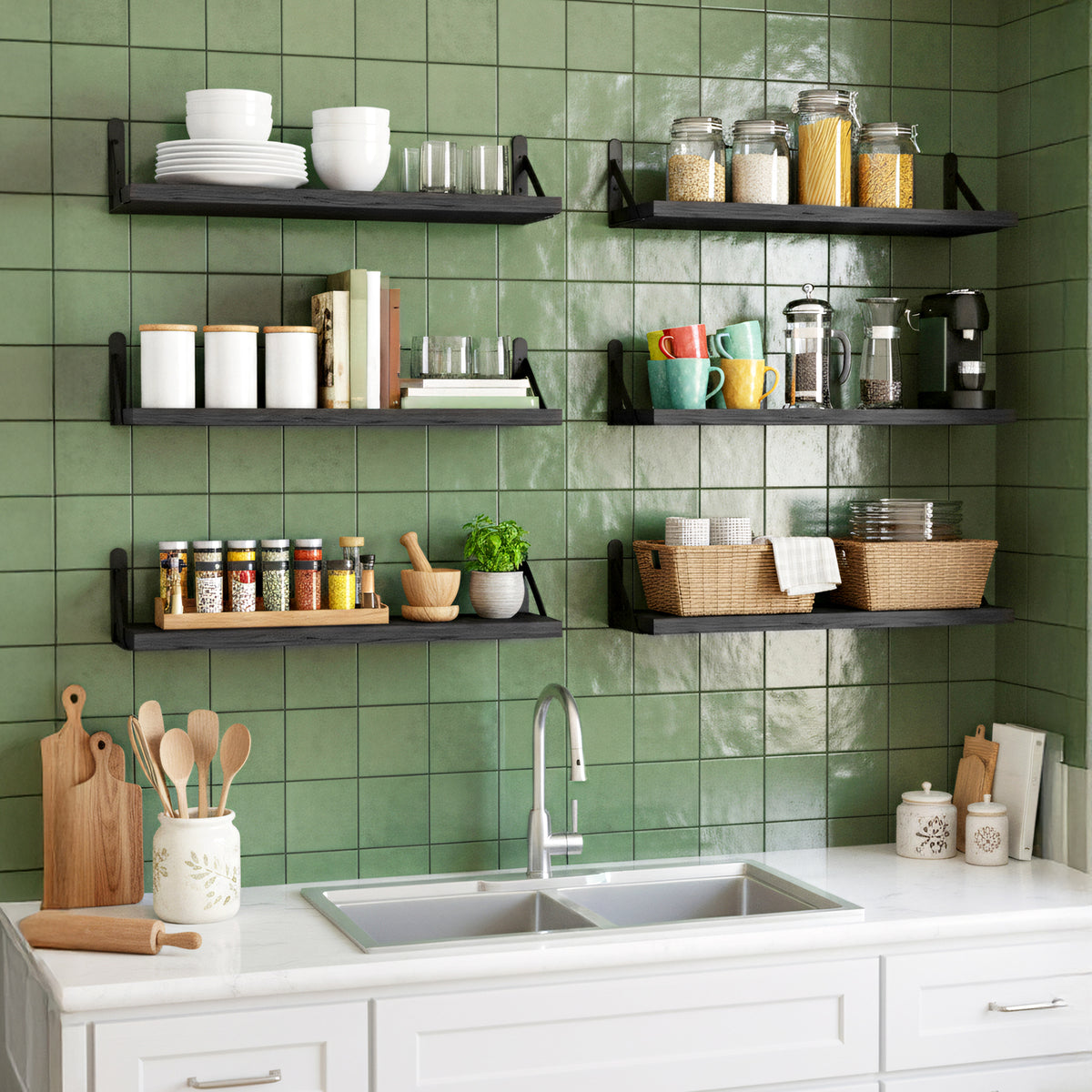 SUPERLELE 8-Pieces 4.7" Width Rustic Wood Narrow Floating Shelves