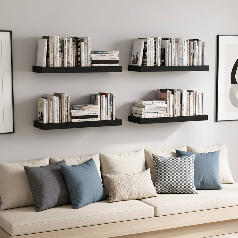 SUPERLELE 4-Pieces Floating Shelves for Wall, Wall Mounted Rustic Wood Shelves Black