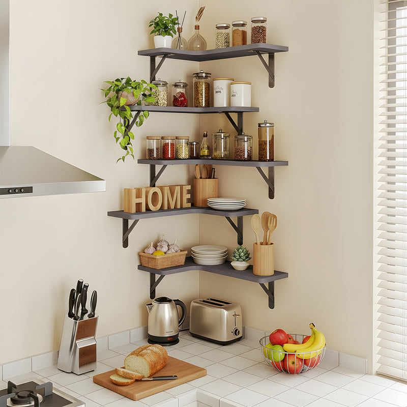 SUPERLELE 5-Pieces Floating Shelves for Wall, Rustic Wood Wall Mounted Corner Shelf Gray
