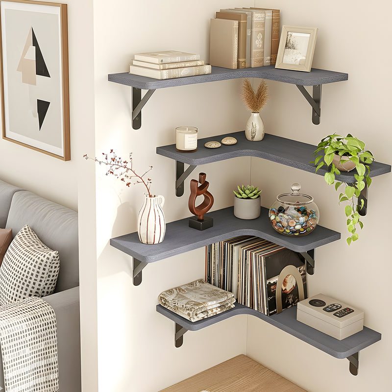 SUPERLELE 5-Pieces Floating Shelves for Wall, Rustic Wood Wall Mounted Corner Shelf Gray
