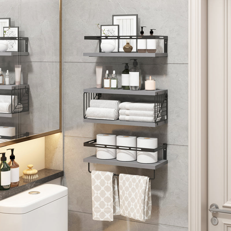 SUPERLELE 3+1 Tier Wall-Mounted Shelves with Metal Frame and Towel Bar Gray