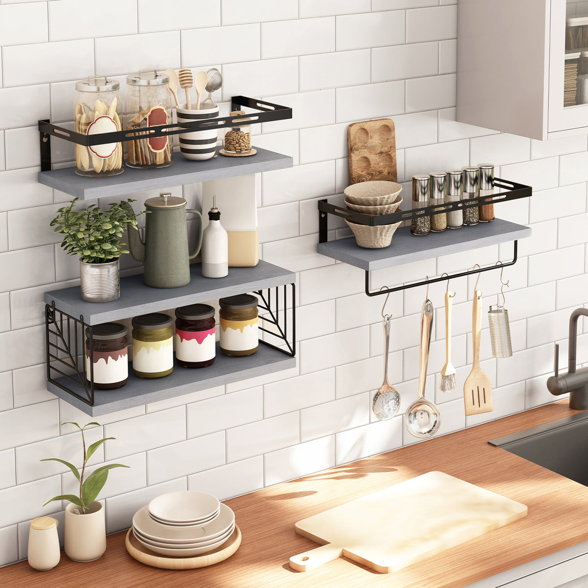 SUPERLELE 3+1 Tier Wall-Mounted Shelves with Metal Frame and Towel Bar Gray