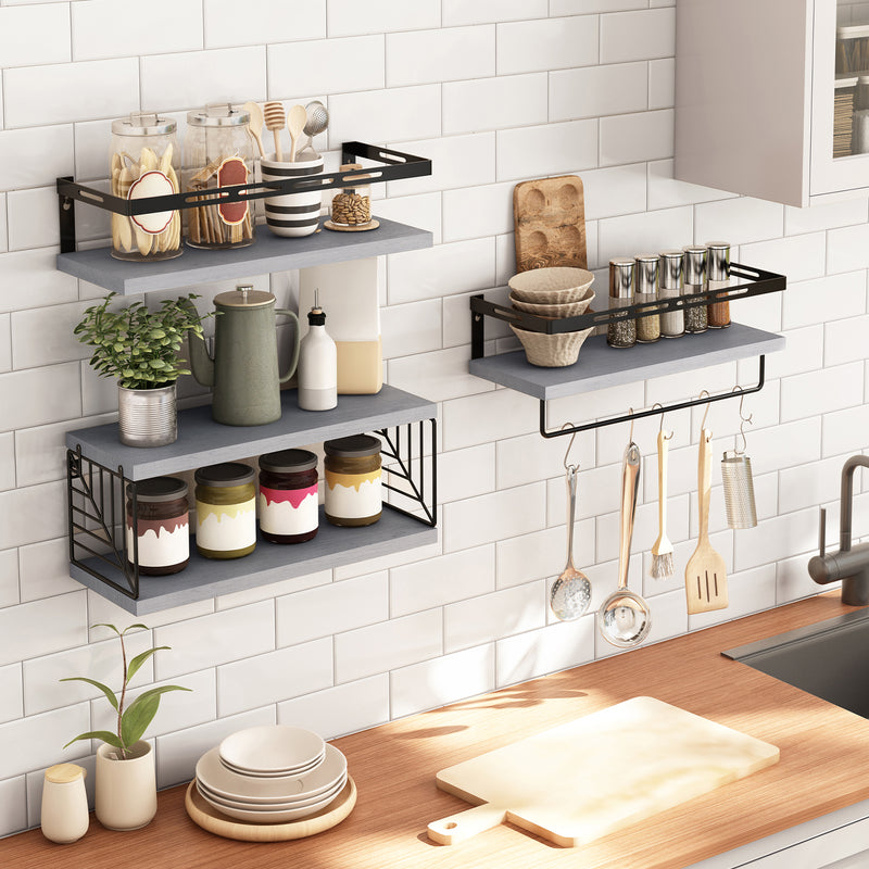 SUPERLELE 3+1 Tier Wall-Mounted Shelves with Metal Frame and Towel Bar Gray