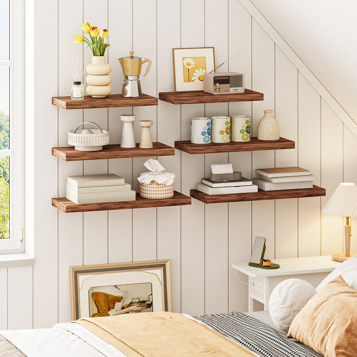 SUPERLELE 6 Pcs 3 Sizes Wooden Wall Mounted Floating Shelves