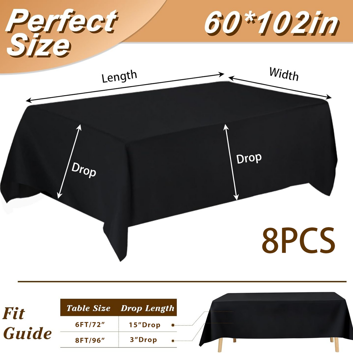 Table Cloths,Black,8 Pack,6 Feet,96L x 30W x 30H Inch