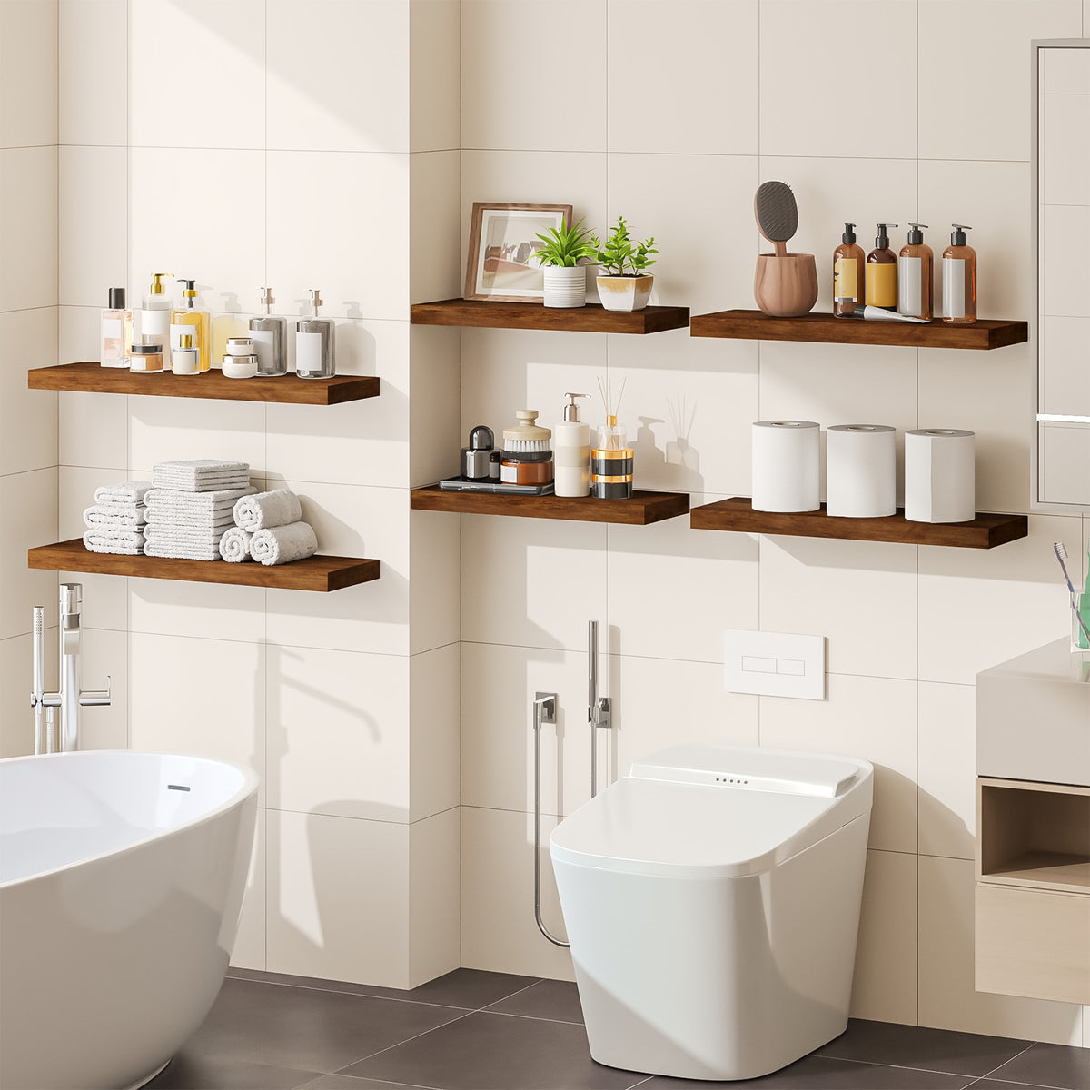 SUPERLELE 6 Pcs 3 Sizes Wooden Wall Mounted Floating Shelves