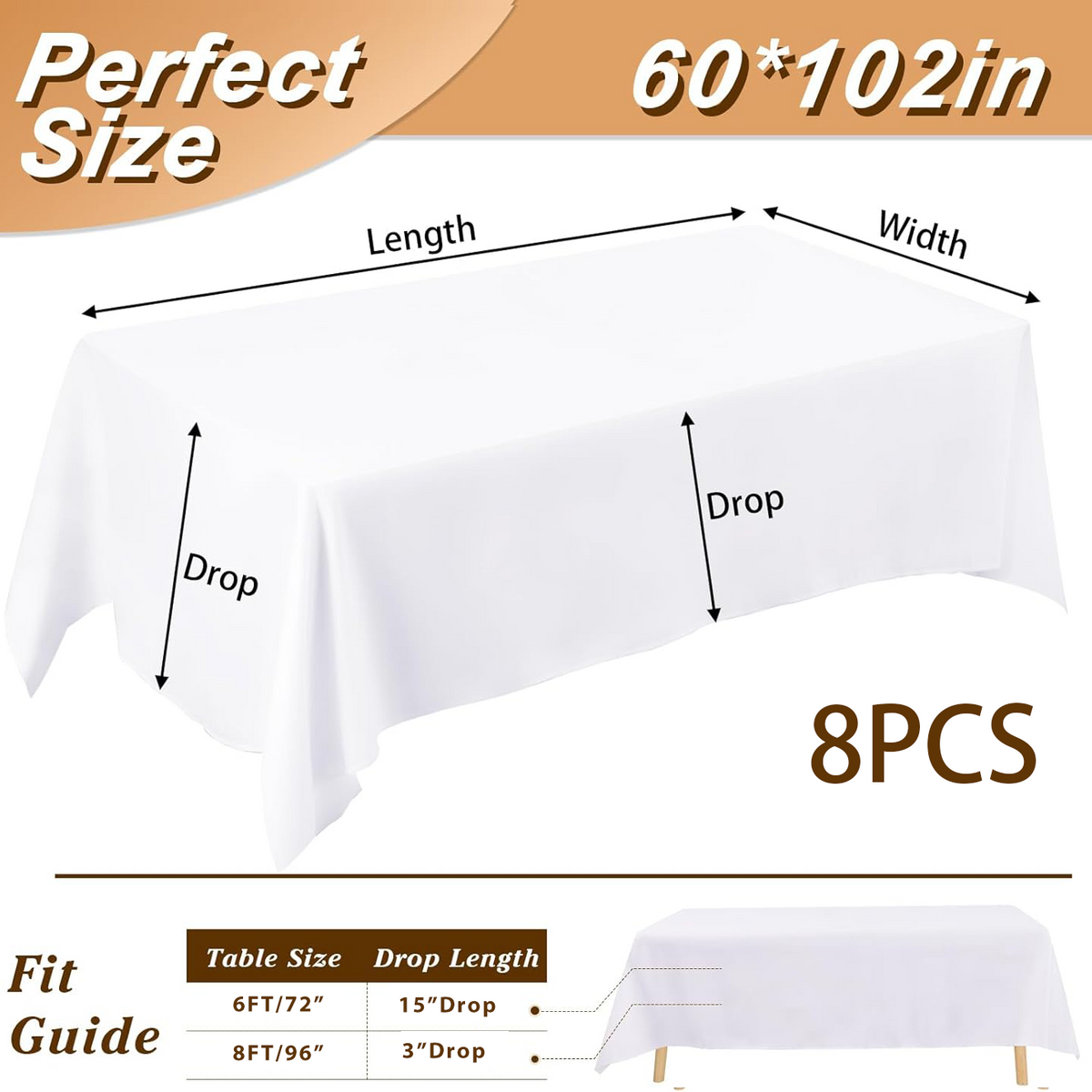 Table Cloths,White,8 Pack,6 Feet,60*102 Inch