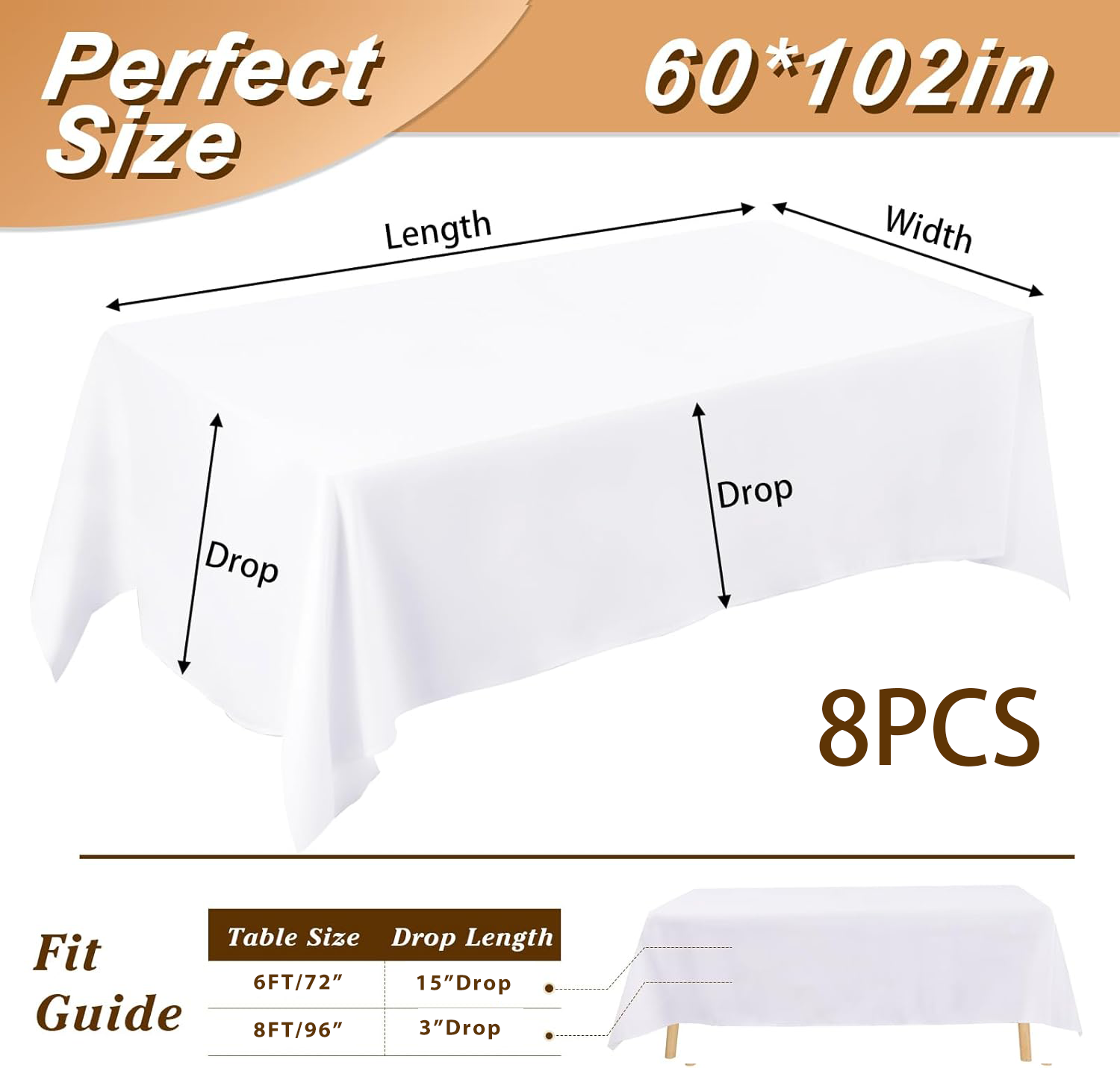 Table Cloths,White,8 Pack,6 Feet,60*102 Inch